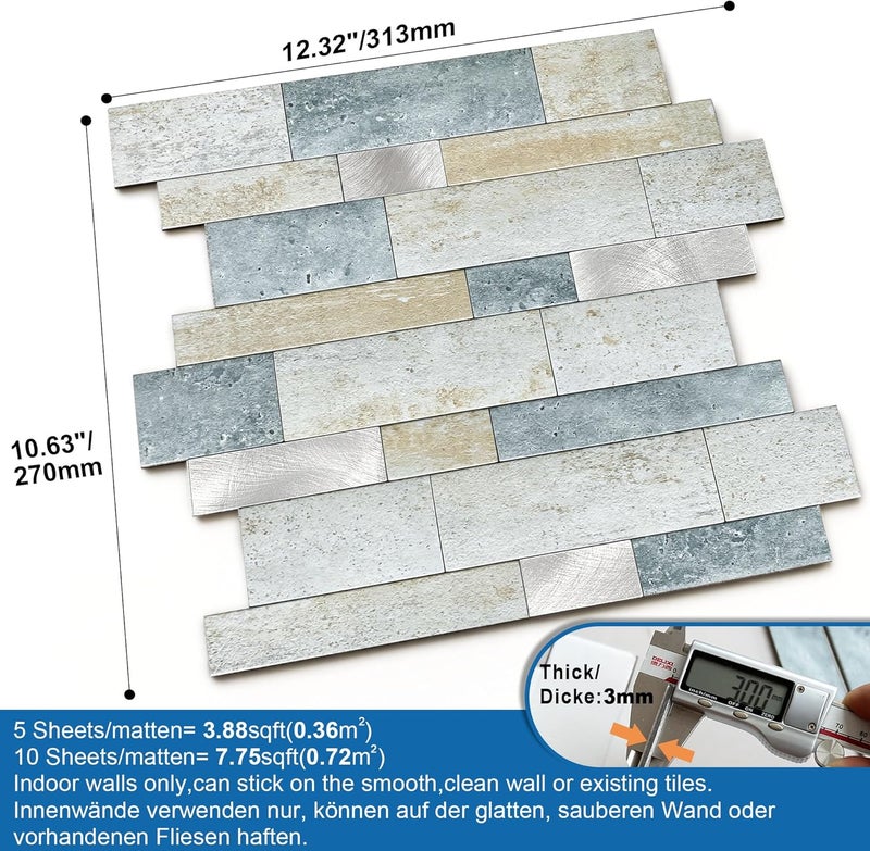 M MOFIT MOFIT Backsplash Tile for Kitchen Peel and Stick Stone Matte Finish,Bathroom Tiles Stickers 3D Wall Panel Linear Mosaic Marble Backsplash Waterproof(5sheets,Blue Green Gray) - Image 5